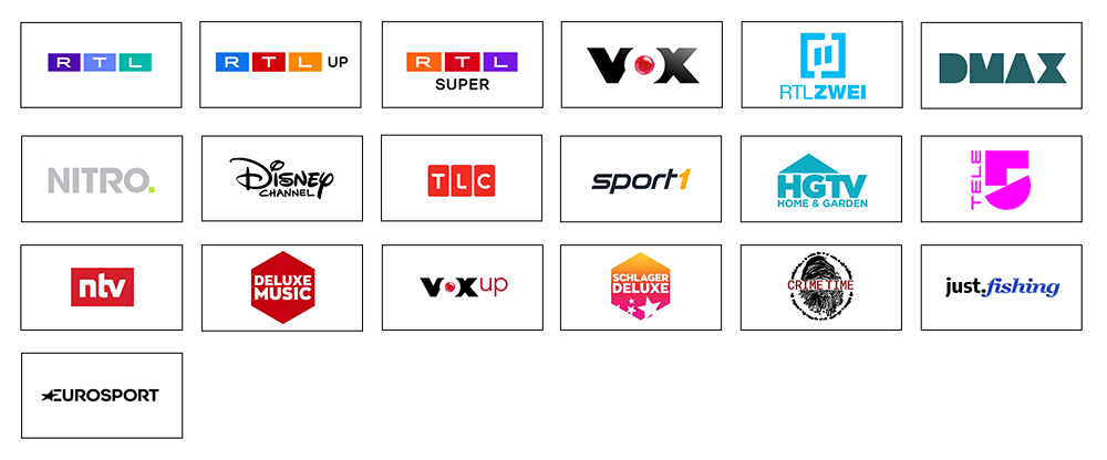 Addressable TV – Fernsehprogramme: RTL, RTL Up, RTL Super, Vox, RTL2, DMAX, Nitro, Disney Channel, TLC, Sport1, HGTV, Tele5, ntv, Deluxe Music, Vox Up, Schlager Deluxe, Crime Time, just.fishing, Eurosport
